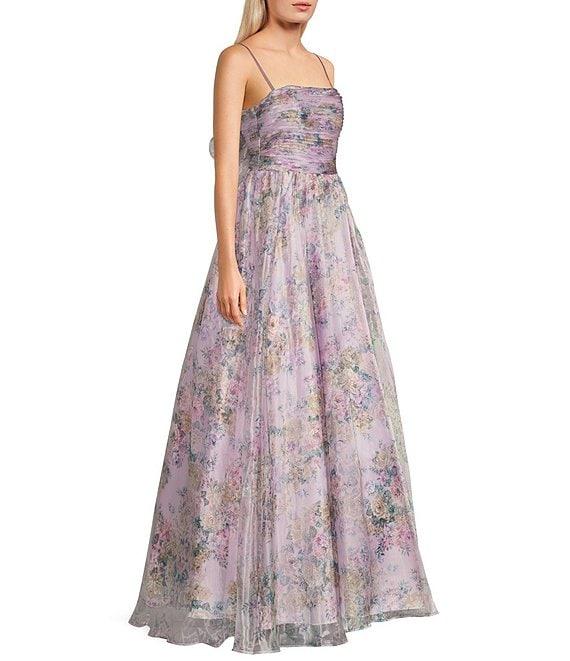 City Vibe Floral Print Square Neck Sleeveless Back Sash Tie Ballgown Product Image