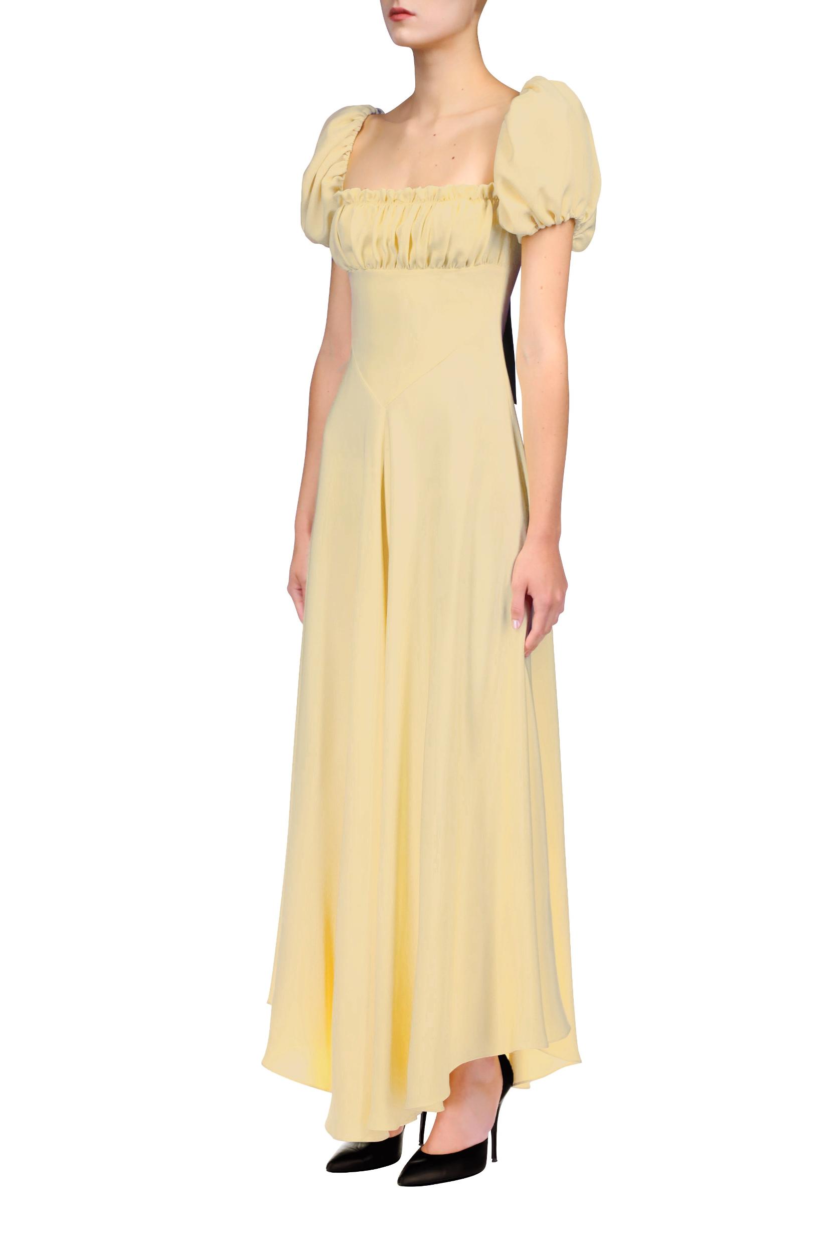Yellow Silk Crepe Dress With Gathered Bust And Ribbon Detail Product Image