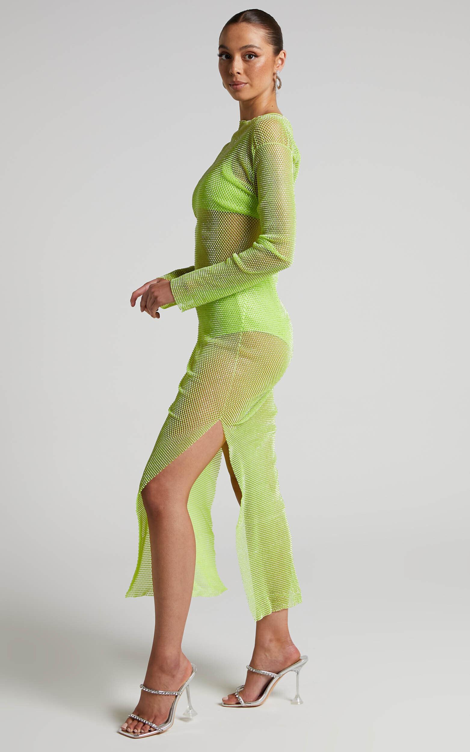 Karmen Midi Dress - Long Sleeve Split Diamante Mesh Dress in Lime Product Image