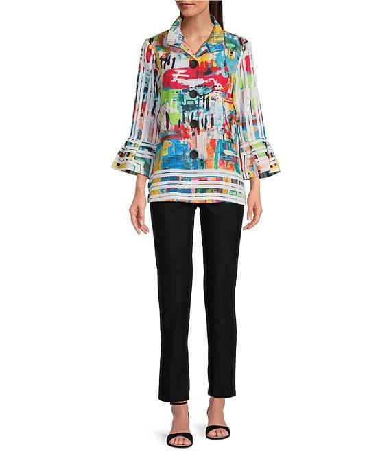 Ali Miles Petite Size Printed Woven Wire Collar 3/4 Bell Sleeve Button Front Tunic Product Image