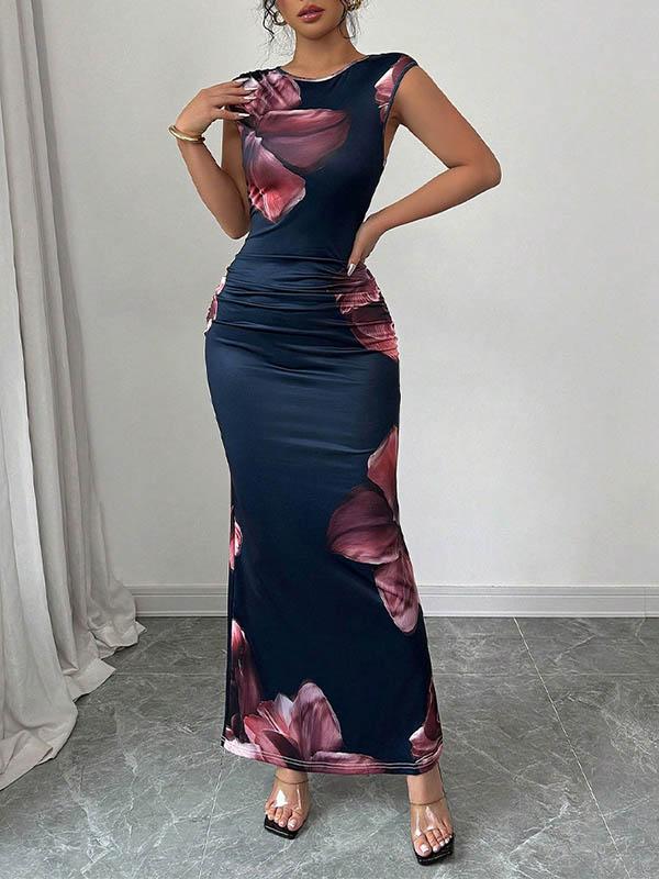 Bodycon Sleeveless Contrast Color Flower Print Round-Neck Maxi Dresses Product Image