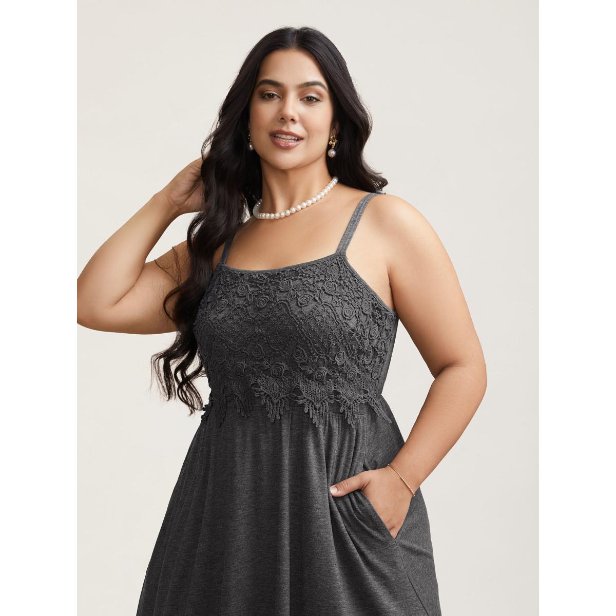 Plus Size Lace Waist-Cinched Pockets Midi Dress DarkGray Women Timeless Woven ribbon&lace trim Square Neck Sleeveless Curvy BloomChic 28/5X Product Image