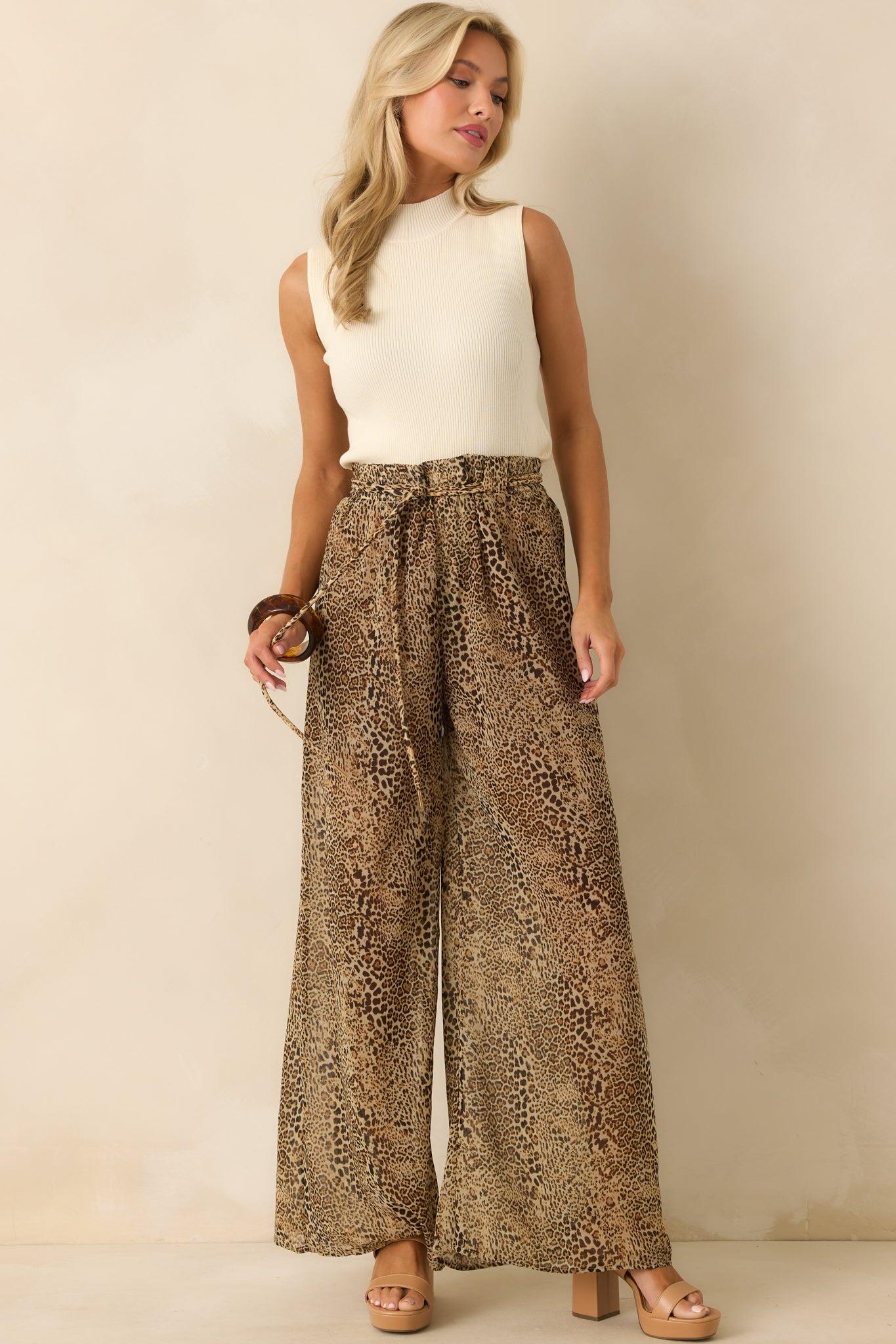 Take The Chance Brown Leopard Print High Waisted Wide Leg Pants Product Image