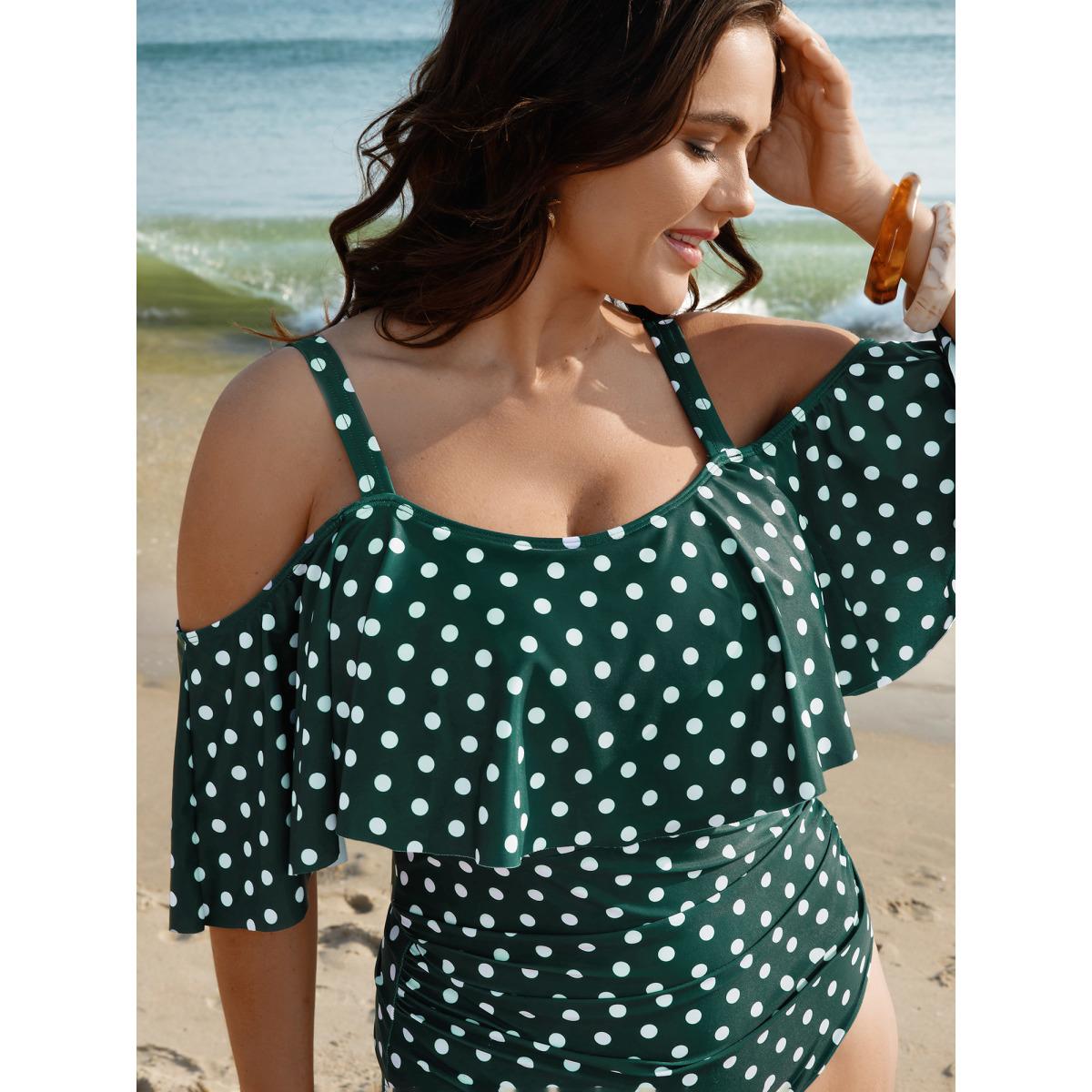 Plus Size Cold-Shoulder Polka Dot Ruffle One-Piece Swimsuit Women's Swimwear DarkGreen Beach Gathered Curve Bathing Suits High stretch One Pieces BloomChic 12/L Product Image