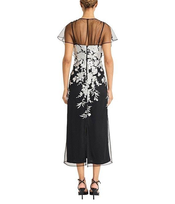 Maggy London V-neck Short Sleeve Floral Sequin Embellished Mesh Sheath Midi Dress Product Image
