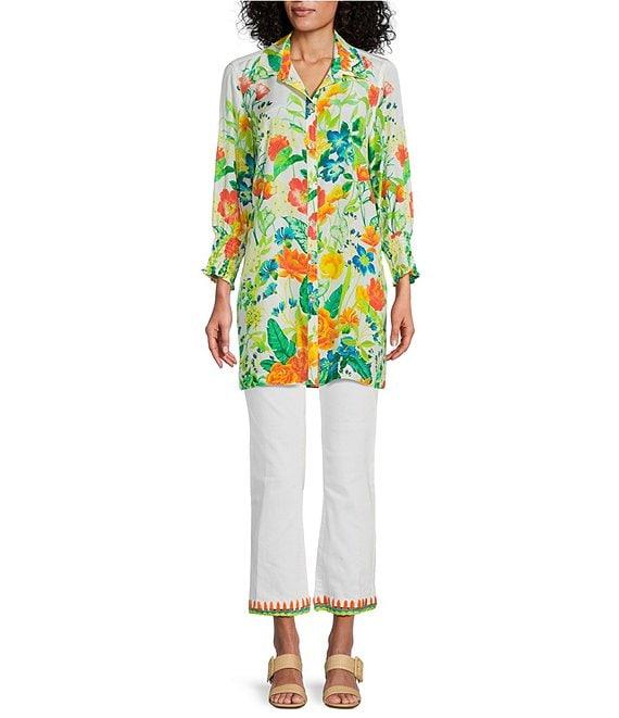 John Mark Floral Point Collar 3/4 Sleeve Button Front Tunic Product Image