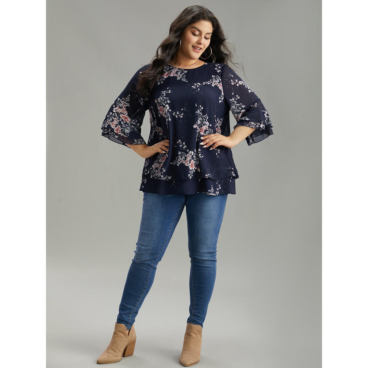 Plus Size Indigo Floral Chiffon Ruffle Sleeve Mesh Patchwork Blouse Women Elegant Elbow-length sleeve Round Neck Everyday Blouses BloomChic 10/M Product Image