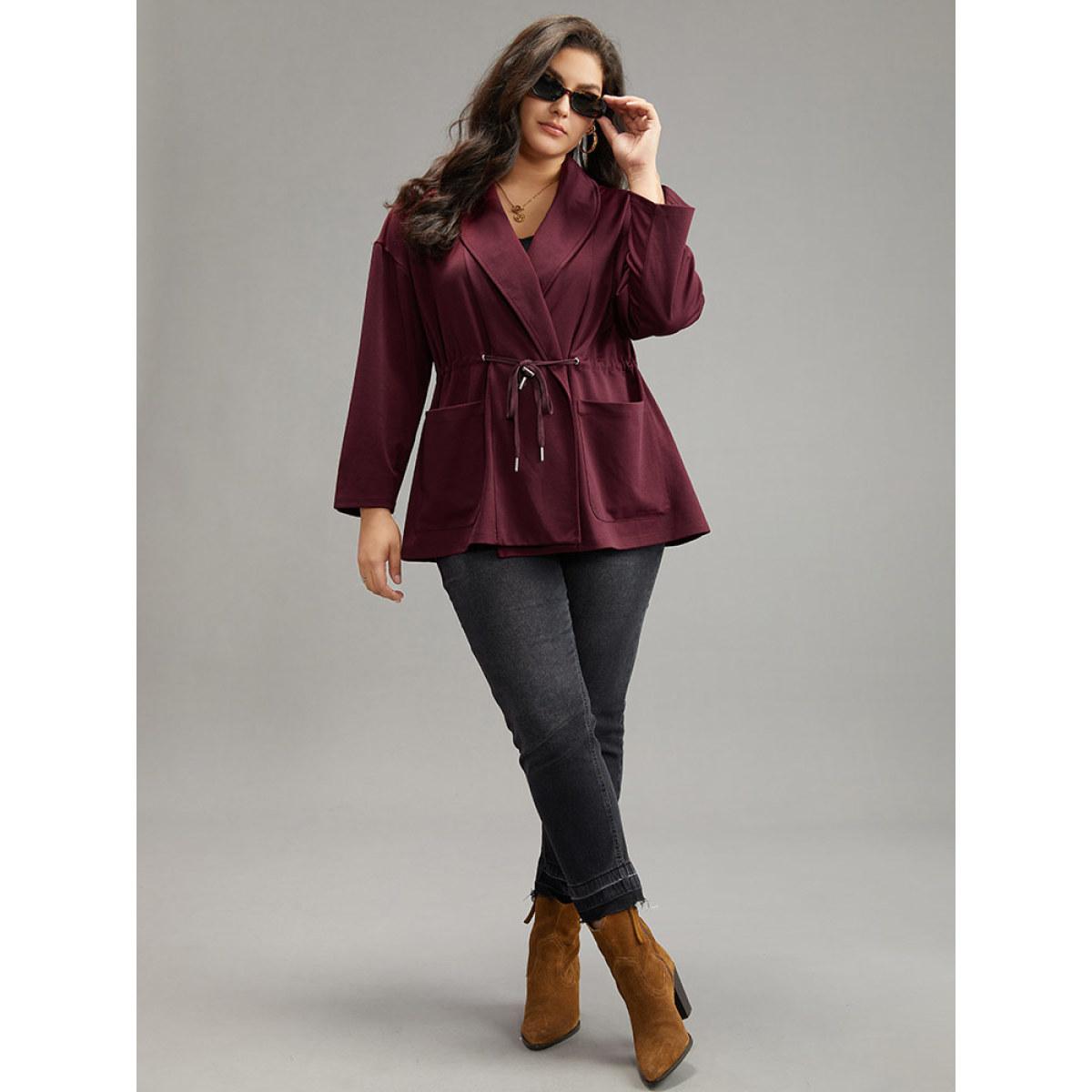 Plus Size Supersoft Essentials Lapel Collar Drawstring Pocket Jacket Women Burgundy Plain Pocket Everyday Jackets BloomChic 28/5X Product Image