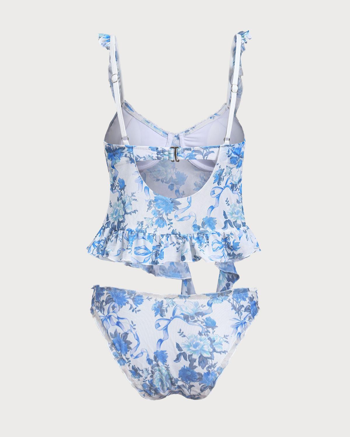 Blue Floral Ruffled Tankini Swimsuit Product Image