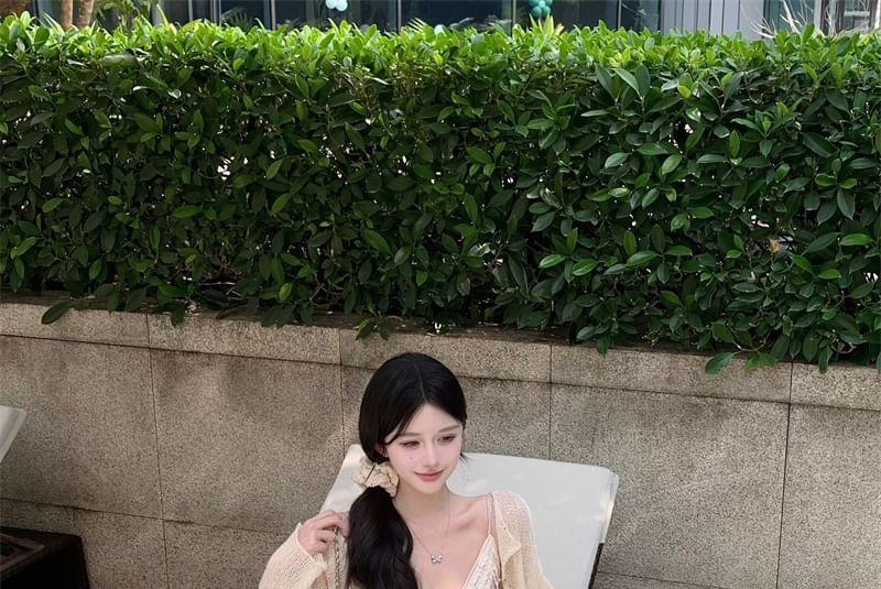 V-Neck Spaghetti Strap Floral Print Ruffle Trim Midi A-Line Dress / Plain Light Cardigan Product Image