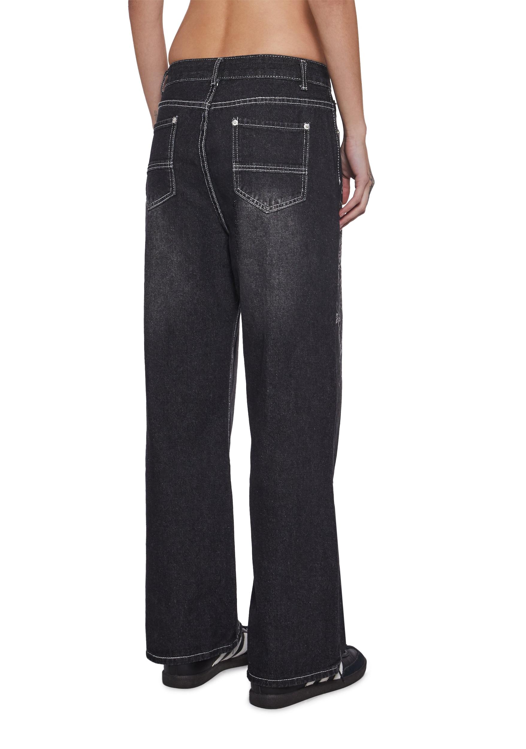 Womens Wide Leg Washed Denim Jeans - Black Product Image