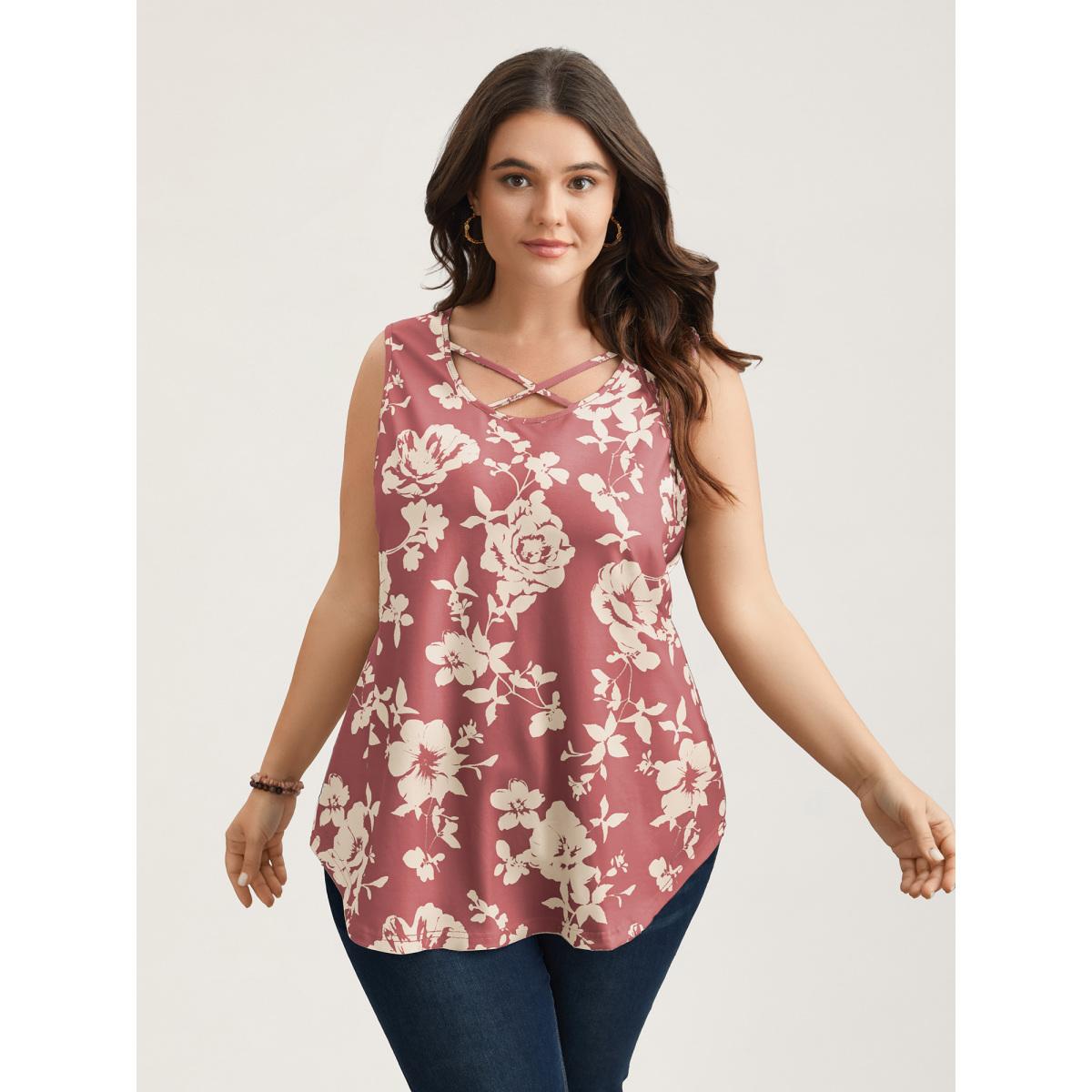 Plus Size Rosy Print Neck-Tie Fitted Vest Women DustyPink Elegant Contrast U-neck Everyday Tank Tops Camis BloomChic 22-24/3X Product Image