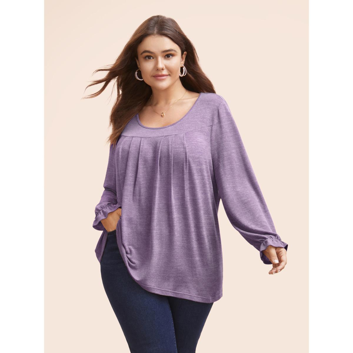 Plus Size Round Neck Heather Pleated T-shirt Mauve Women Leisure Pleated Round Neck Loose Casual T-shirts BloomChic 22-24/3X Product Image