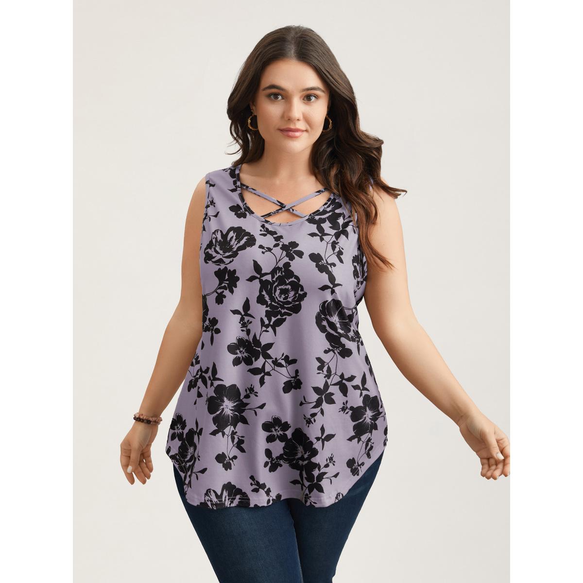 Plus Size Rosy Print Neck-Tie Fitted Vest Women Multicolor Romantic Contrast U-neck Elegant Tank Tops Camis BloomChic 18-20/2X Product Image