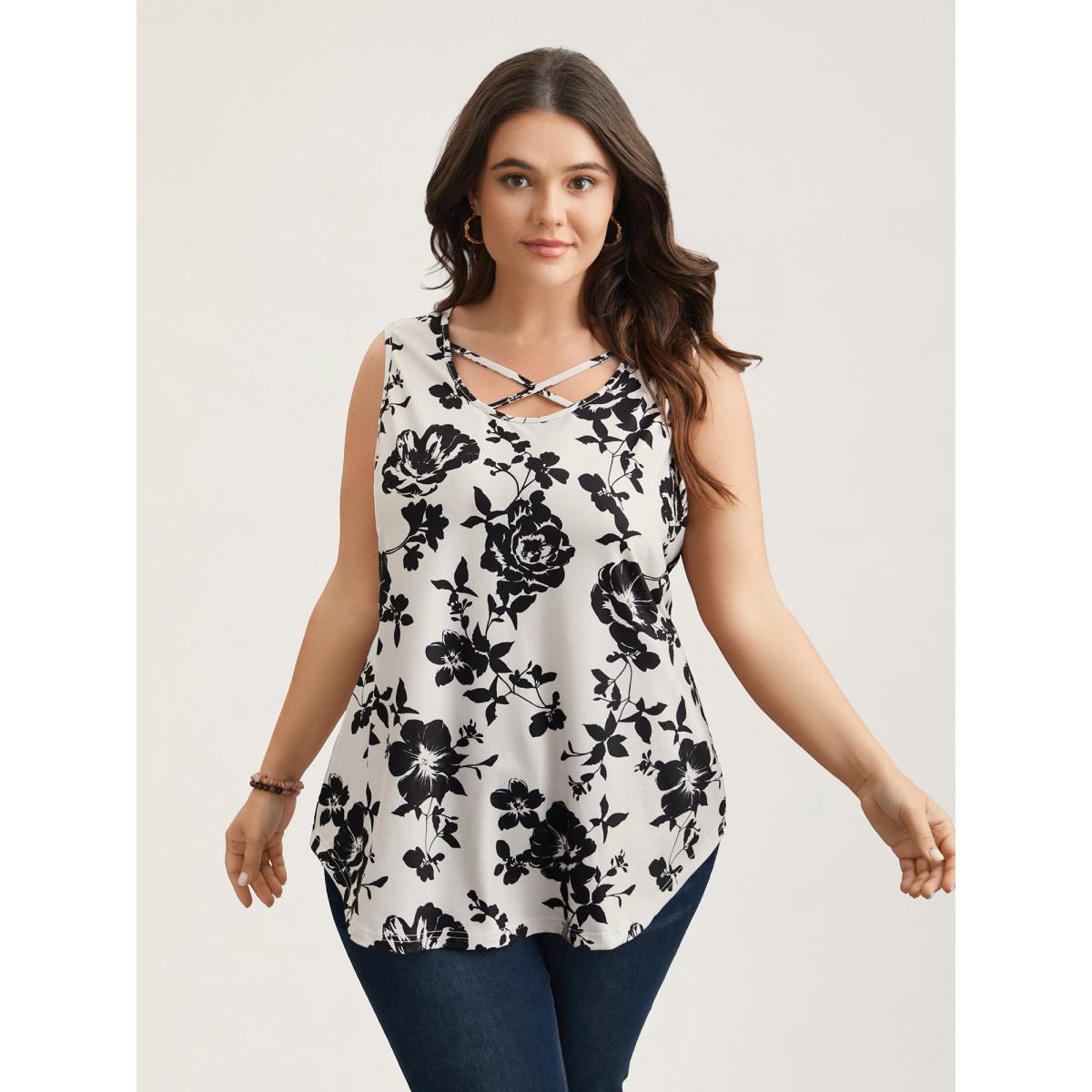 Plus Size Rosy Print Neck-Tie Fitted Vest Women WhiteSmoke Elegant Contrast U-neck Everyday Tank Tops Camis BloomChic 10/M Product Image
