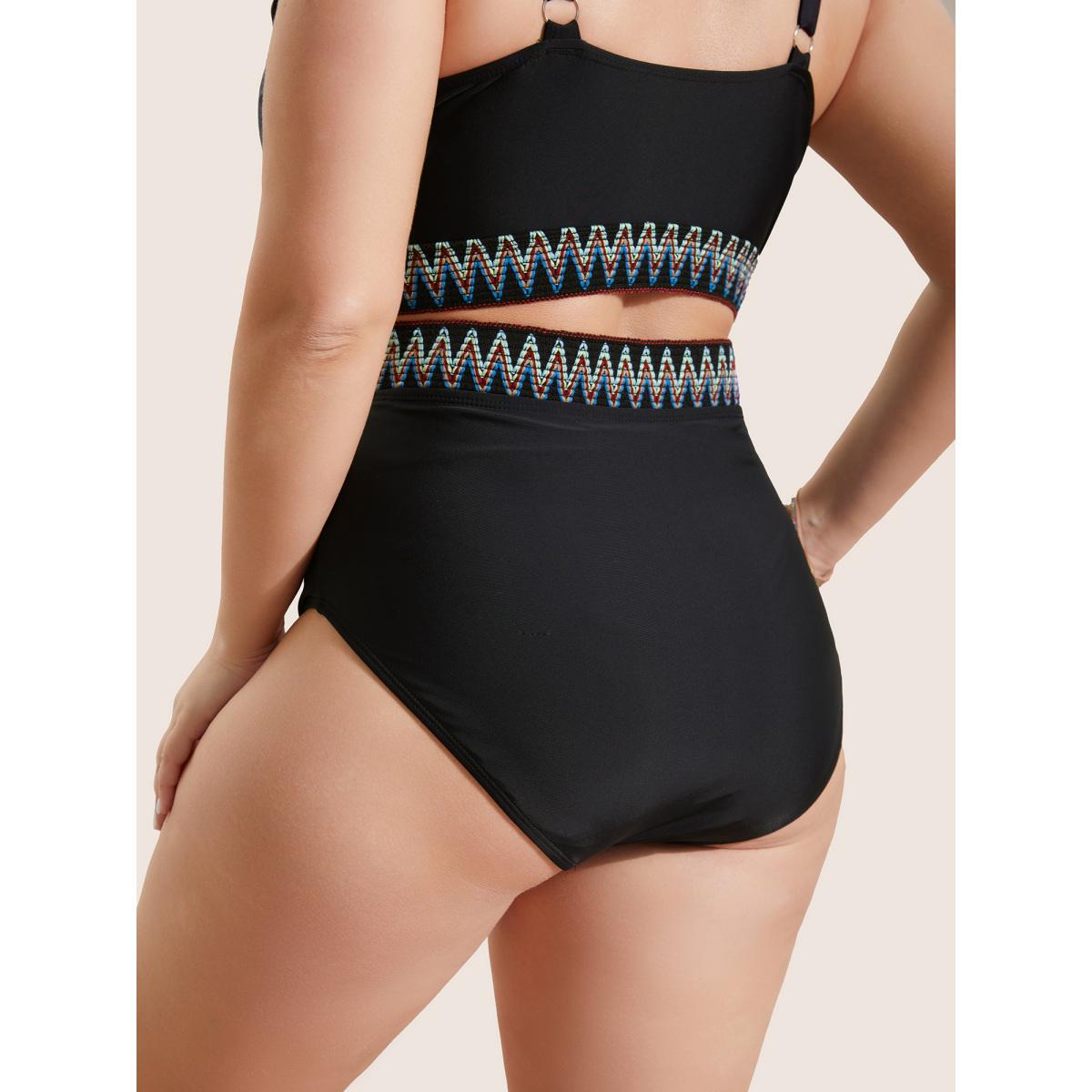 Plus Size Embroidered Elastic Waist High Rise Swim Bottom Women's Swimwear Black Beach Woven ribbon&lace trim High stretch Skinny High Rise Curve Swim Bottoms BloomChic 28/5X Product Image