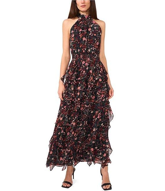 1. STATE Floral Print Halter Neck Sleeveless Tiered Ruffle Maxi A-Line Maxi Dress Product Image