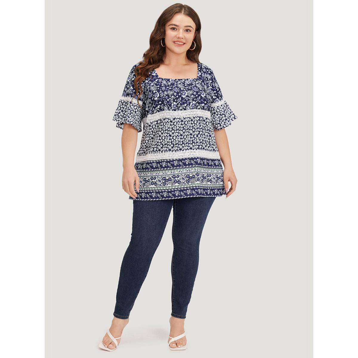 Plus Size Indigo Ditsy Floral Patchwork Square Neck Flutter Sleeve Blouse Women Elegant Half Sleeve Square Neck Dailywear Blouses BloomChic 10/M Product Image