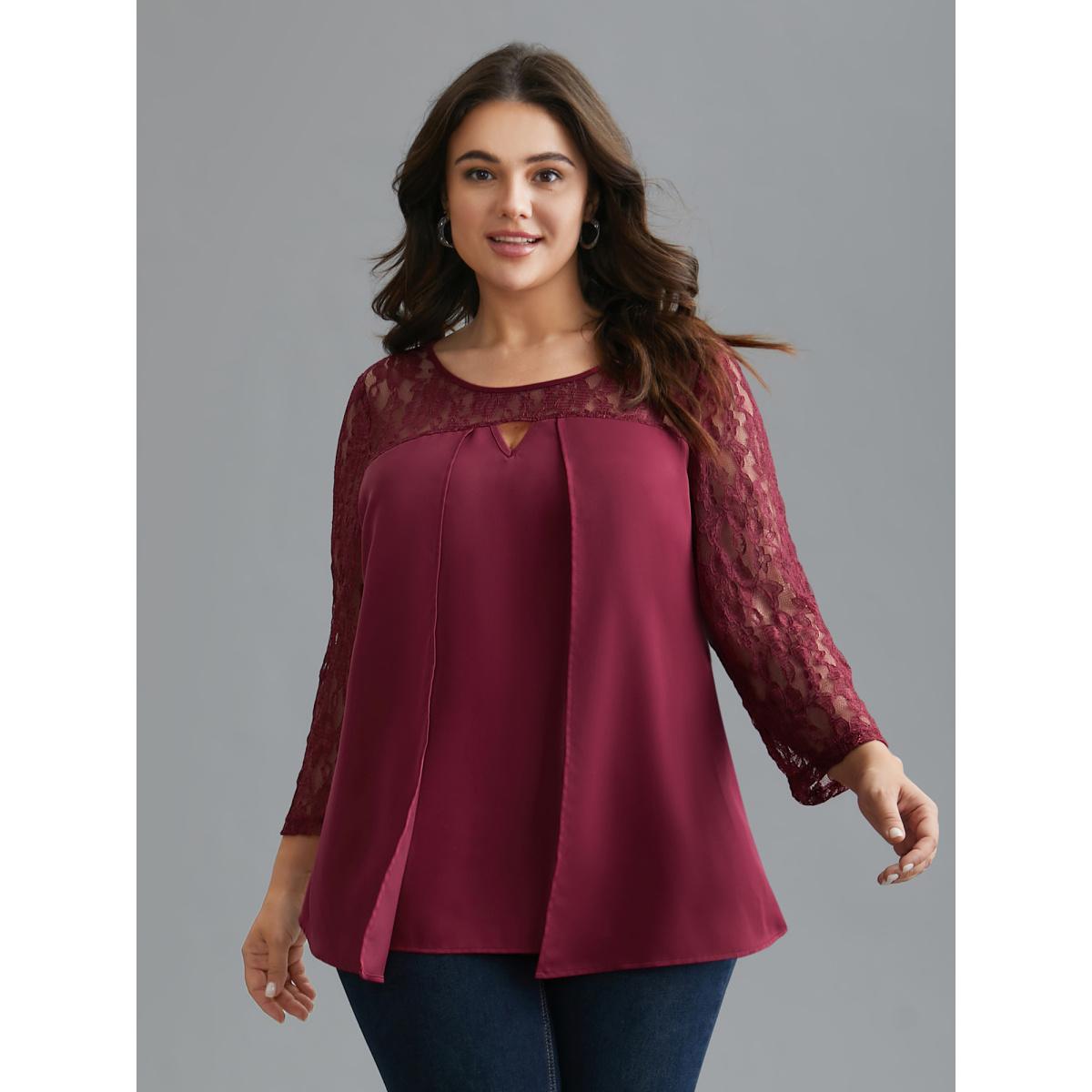 Plus Size RedViolet Sheer Lace Sleeve Neck Cut-Out Shirt Women Elegant Three Quater Length Sleeve Round Neck Everyday Blouses BloomChic 28/5X Product Image
