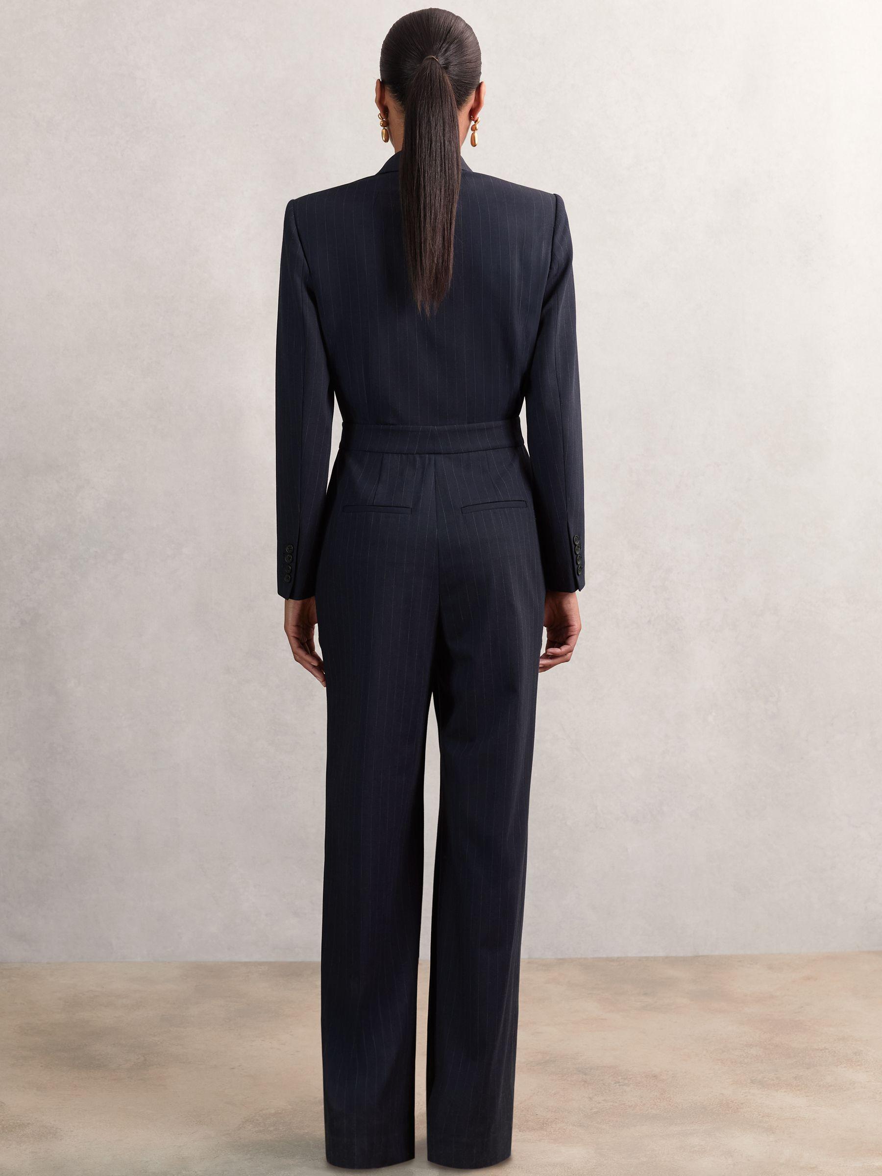 Pinstripe Tailored Wide-Leg Jumpsuit with Wool in Navy Product Image