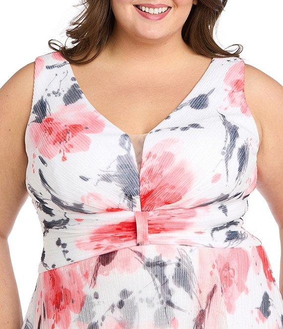 R & M Richards Plus Size V-Neck Sleeveless Printed A-Line Gown Product Image