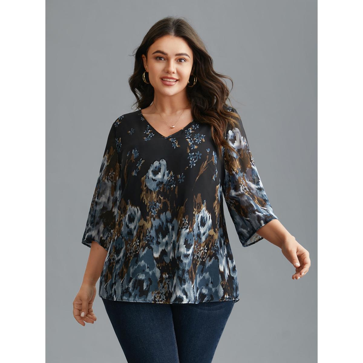 Plus Size Black V Neck Floral Bell Sleeve Blouse Women Elegant Elbow-length sleeve V-neck Everyday Blouses BloomChic 22-24/3X Product Image