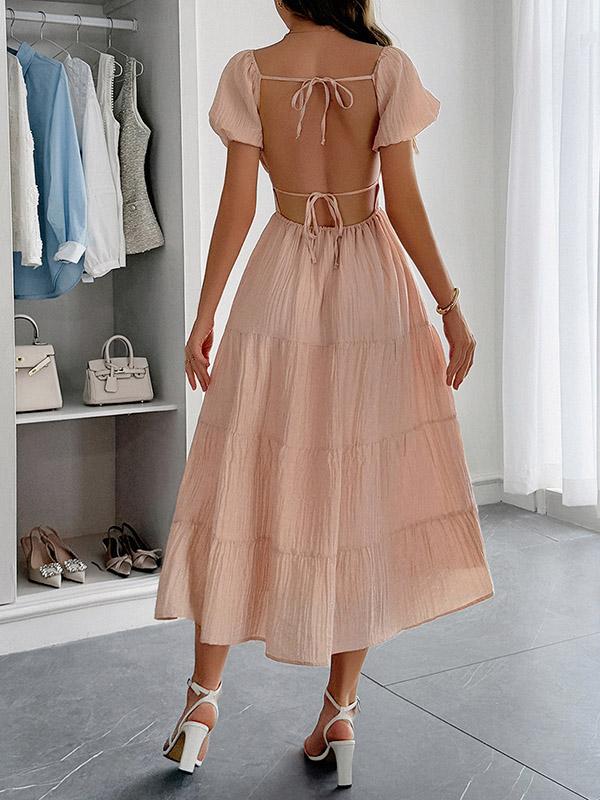 A-Line Loose Backless Pleated Solid Color Tied V-Neck Midi Dresses Product Image