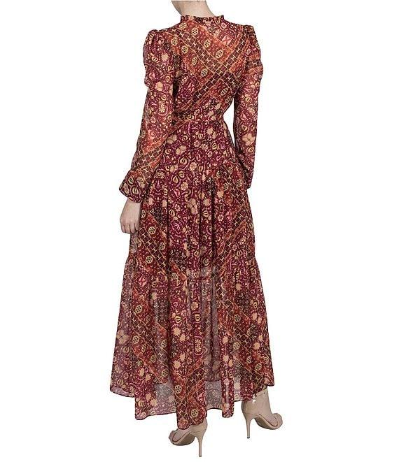 Julia Jordan Printed Chiffon Tie Neck Long Puff Sleeve Belted A-Line Dress Product Image