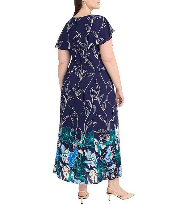 Maggy London Plus Size Crew Neck Flutter Sleeve Back Ruffle Georgette A-Line Midi Dress Product Image