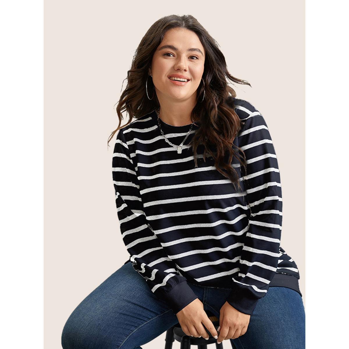 Plus Size Rib Knit Striped Round Neck Sweatshirt Women Blue Casual Non Round Neck Everyday Sweatshirts BloomChic 30/6X Product Image