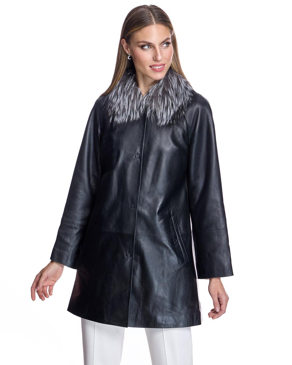 Leather Coat with Silver Fox Collar Product Image