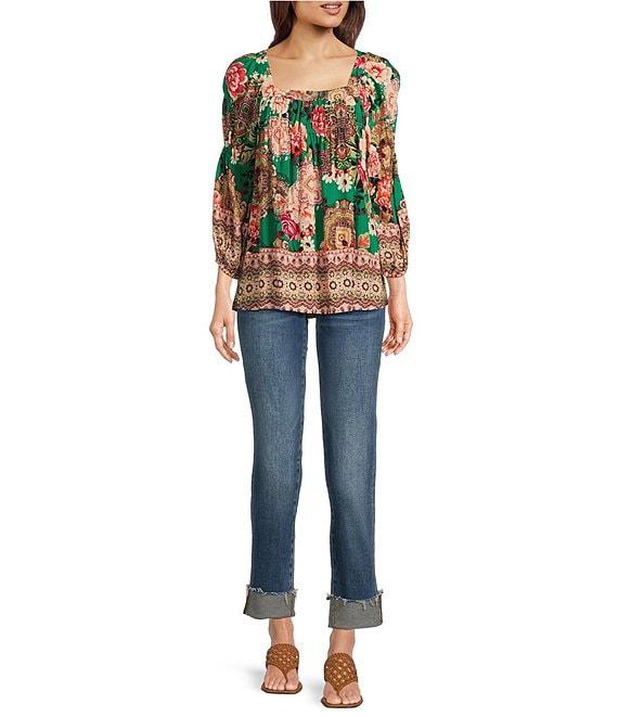 Figueroa & Flower Woven Border Print Square Neck 3/4 Sleeve Blouse Product Image