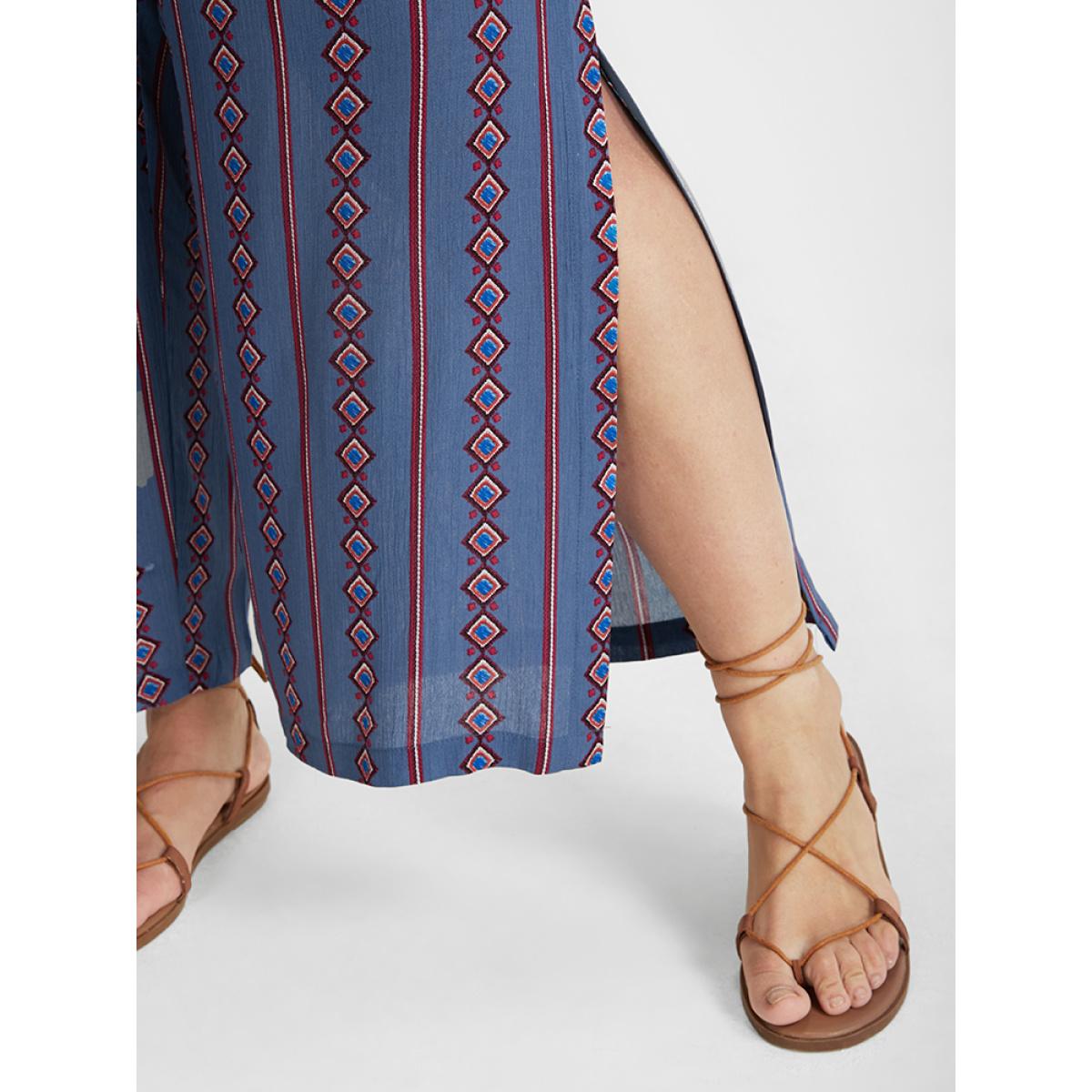 Plus Size Ditsy Floral Belted Split Loose Pants Women LightBlue Vacation Loose High Rise Dailywear Pants BloomChic 28/5X Product Image