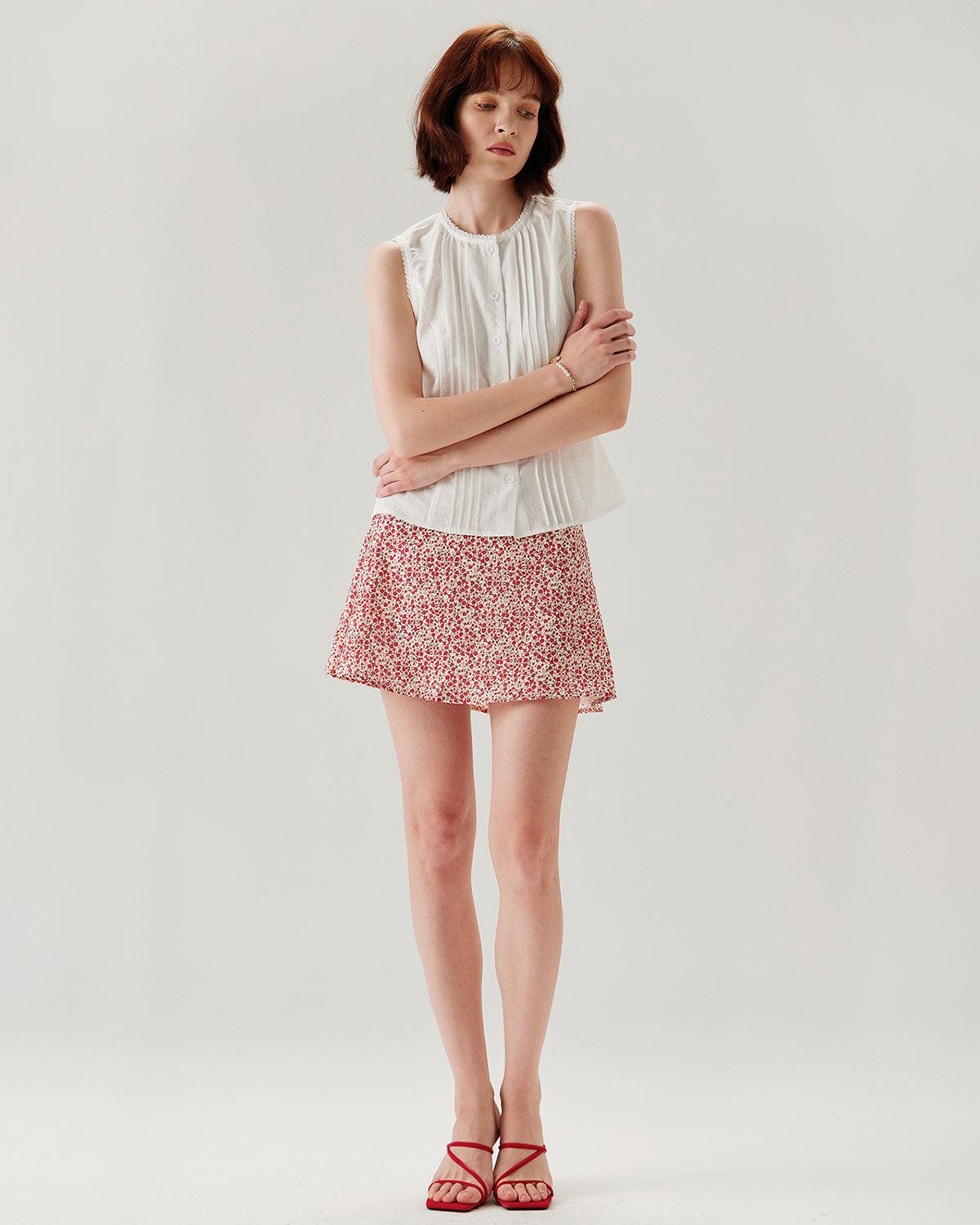 White Crew Neck Button Sleeveless Blouse Product Image