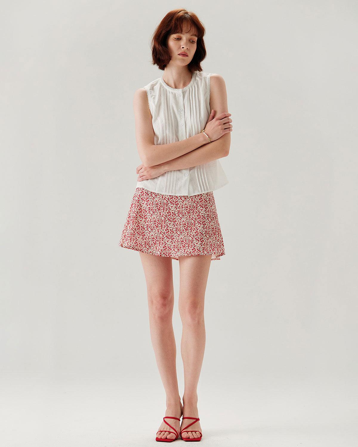 White Crew Neck Button Sleeveless Blouse Product Image