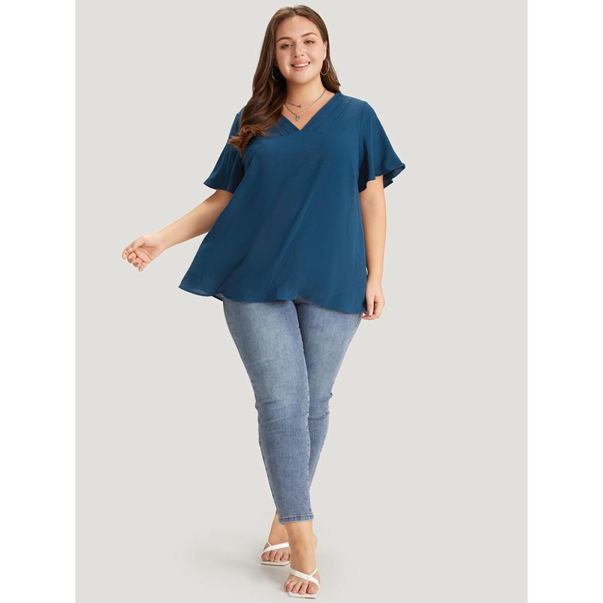 Plus Size Aegean Solid Pleated V Neck Blouse Women Office Short sleeve V-neck Dailywear Blouses BloomChic 26/4X Product Image