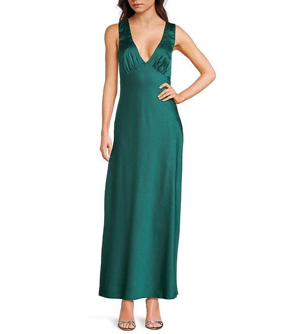 Midnight Doll Satin V-Neck Sleeveless Back Drape Dress Product Image