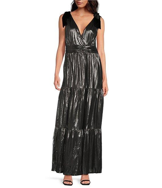 Sugarlips Liquid Satin Surplice V-Neck Sleeveless Velvet Shoulder Tie Tiered Hem Maxi Dress Product Image