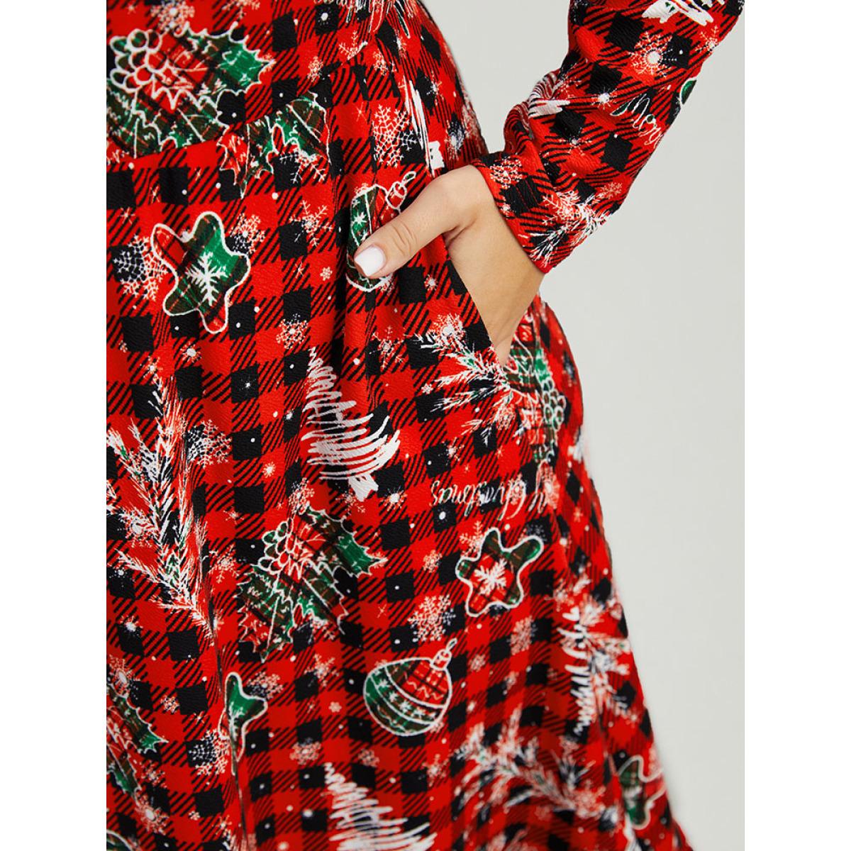 Plus Size Gingham Crew Neck Pocket Elastic Waist Dress Red Women Casual Printed Round Neck Long Sleeve Curvy Midi Dress BloomChic 10/M Product Image