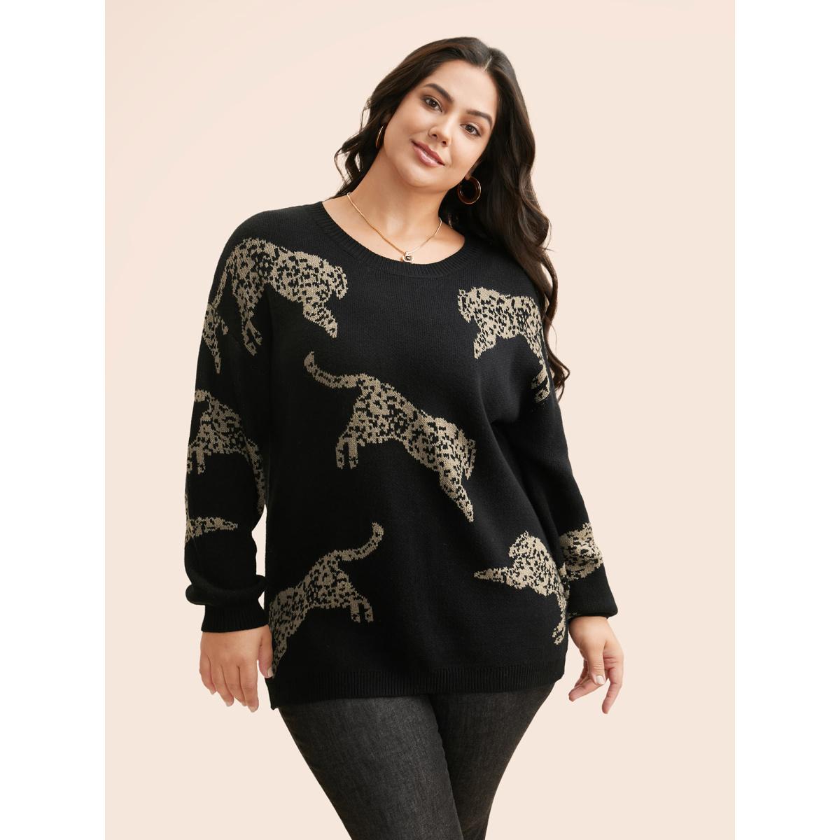 Plus Size Animal Jacquard Drop Shoulder Sleeve Pullover Black Women Casual Long Sleeve Round Neck Everyday Pullovers BloomChic 14-16/1X Product Image