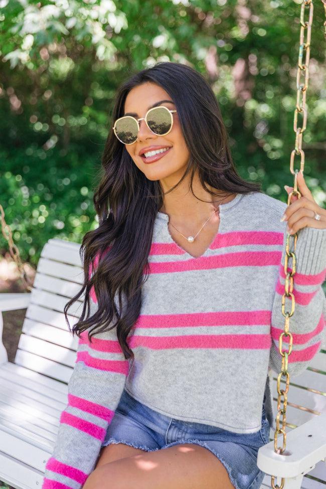 Sweet Affection Grey And Fuchsia Striped Notched Neck Sweater FINAL SALE Product Image
