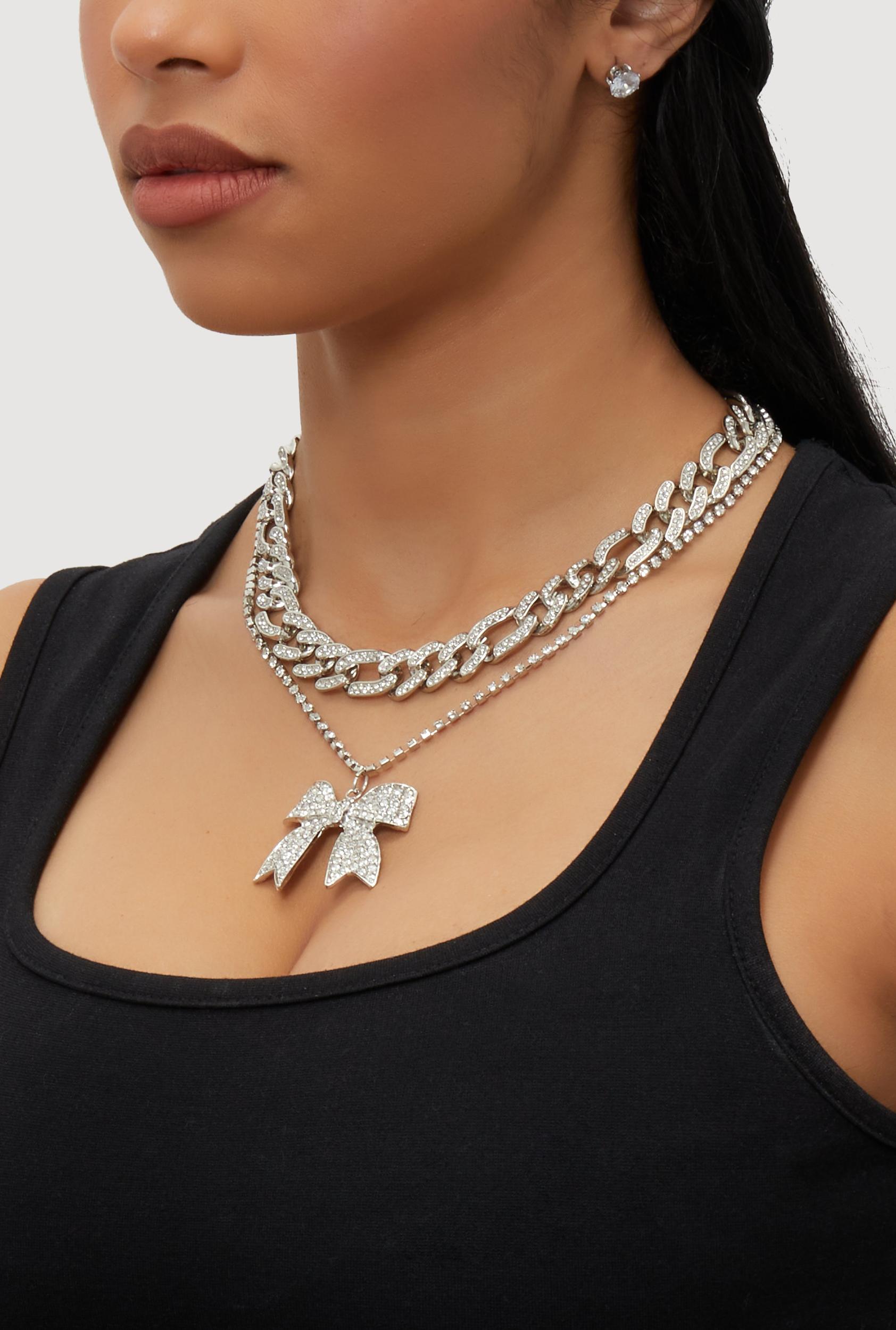 Elegant Cubic Zirconia Bow Detail Necklace Set Unisex Product Image
