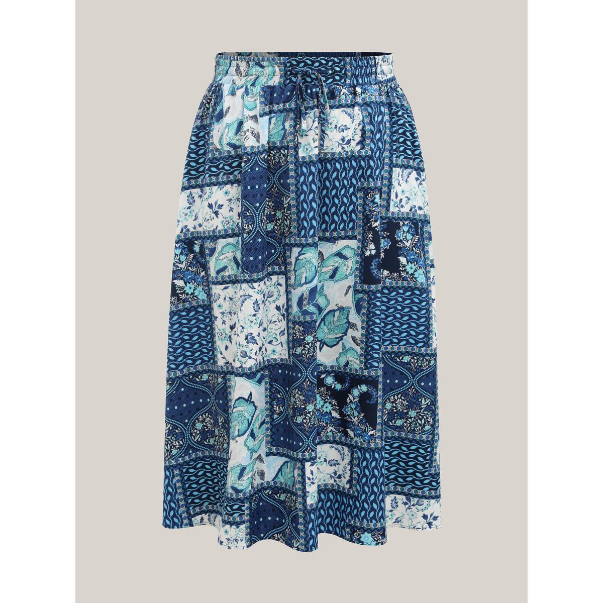 Plus Size Collage Floral Print Flared Maxi Skirt Women Mediumblue Resort Patchwork Low stretch Slanted pocket Vacation Skirts BloomChic 22-24/3X Product Image