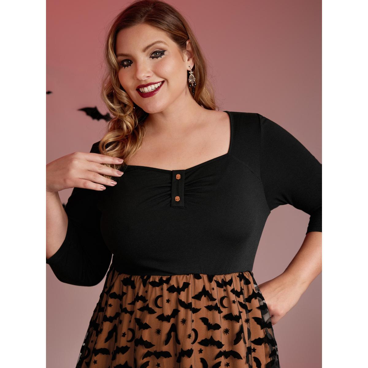 Plus Size Bats Print Halloween Sheer Pockets Maxi Dress Black Women Party&Cocktail Party Curvy Bloomchic 26/4X Product Image