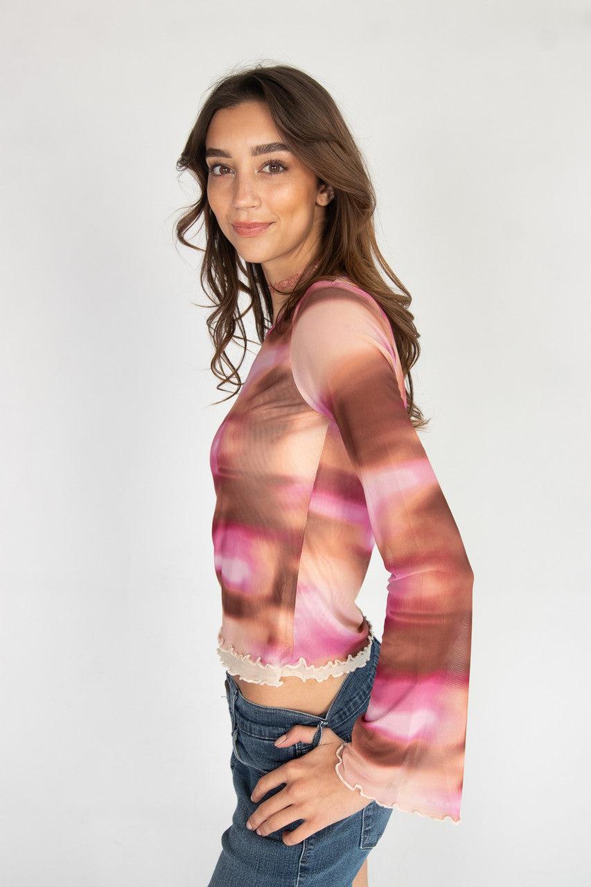 Long Sleeve Double Layer Printed Mesh Top Product Image