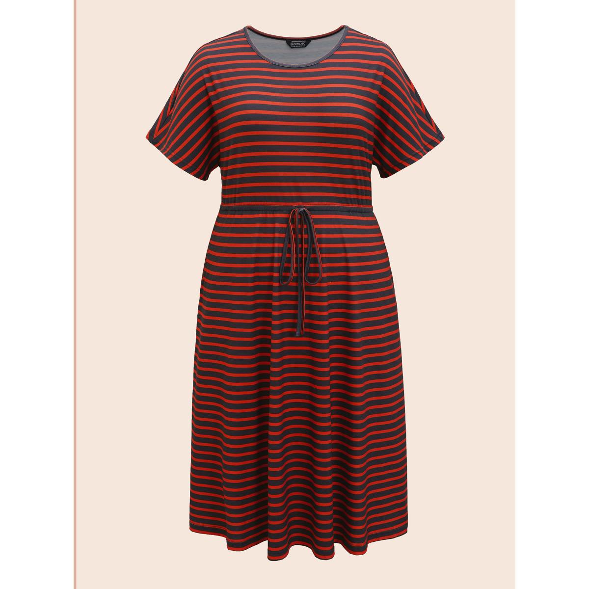 Plus Size Striped Round Neck Drawstring Dolman Sleeve Dress Black Women Casual Gathered Round Neck Short sleeve Curvy BloomChic 18-20/2X Product Image