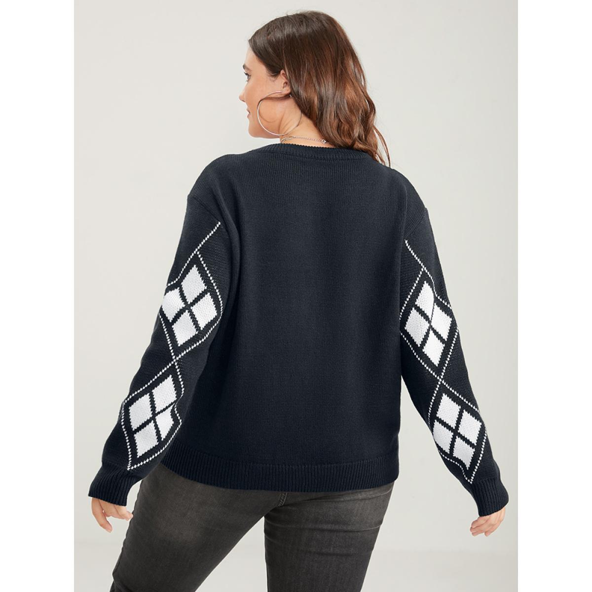 Plus Size Geometric Contrast Pointelle Knit Round Neck Knit Top Black Women Casual Long Sleeve Round Neck Dailywear Pullovers BloomChic 12/L Product Image