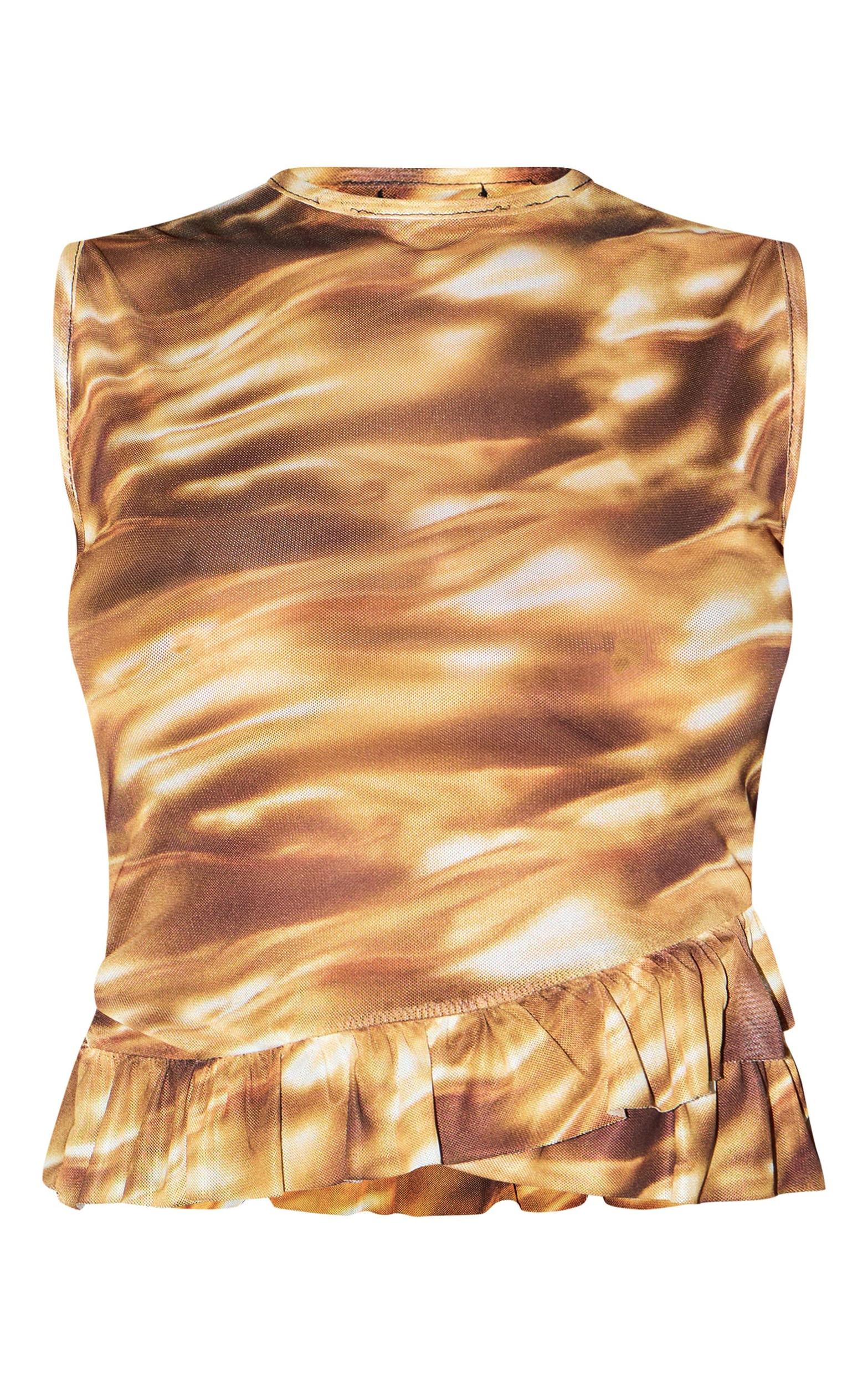 Brown Printed Mesh Frill Long Top Product Image