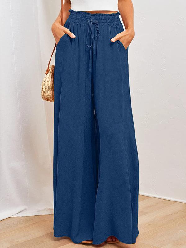 High Waisted Loose Drawstring Elasticity Pockets Solid Color Pants Trousers Product Image