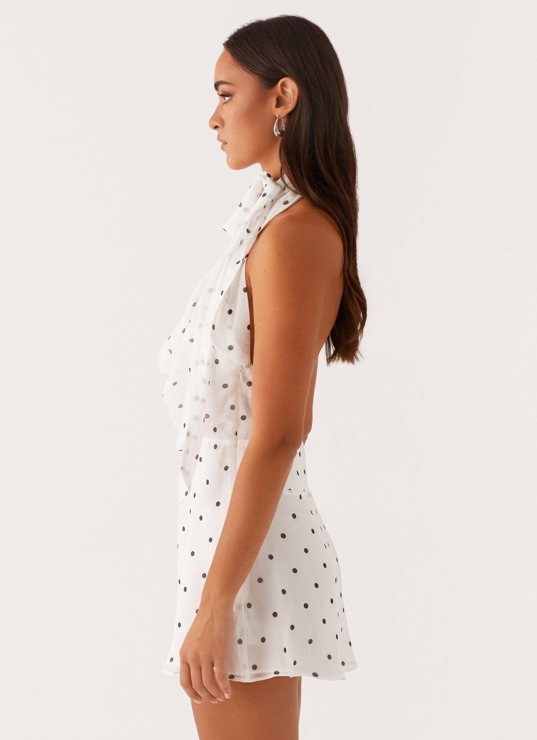Avalia Backless Scarf Mini Dress - White Polka Dot Product Image